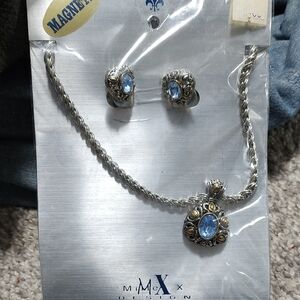 Silver Tone Blue Necklace, Clip Ons Jewelry Set